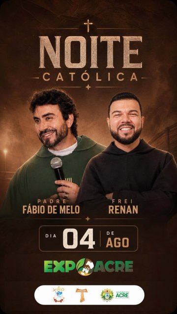 ✨ Uma noite que pode transformar a sua vida! ✨
Prepare o coração para viver uma experiência única de fé, oração e encontro com Deus.
Padre Fábio de Melo e Frei Renan estarão juntos na Noite Católica da Expoacre para…
