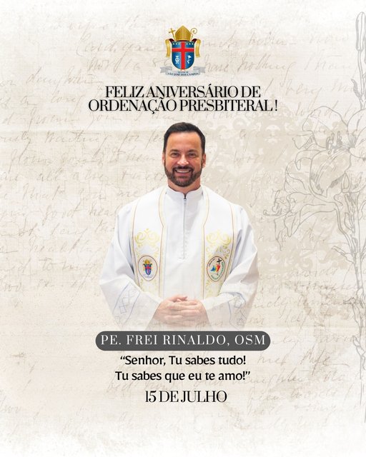 Hoje(15) é dia de celebrarmos mais um ano de vida sacerdotal do Pe. Frei Rinaldo, OSM da Igreja São Peregrino de São José dos Campos - SP. ⛪❤️

Obrigado por sua vida doada a serviço de Deus e do povo de nossa querida …