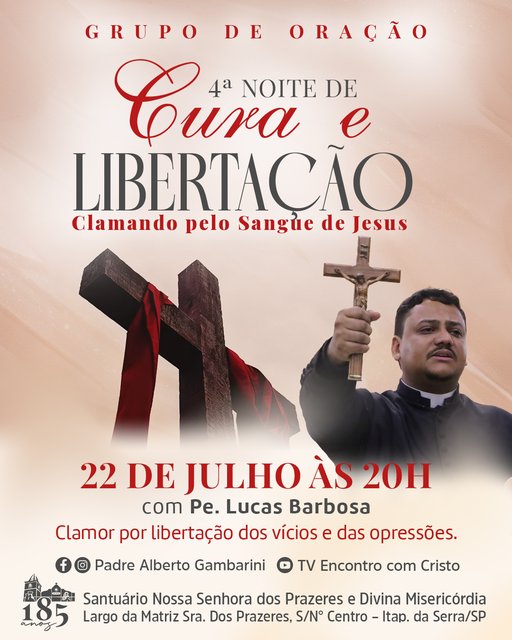 Mês do Preciosíssimo Sangue de Jesus! Venha participar conosco nesta quarta-feira, às 20h, da 4ª Noite de Cura e Libertação com o tema: “Clamando pelo Sangue de Jesus”.
Traga uma cruz, pois iniciaremos a noite com a …