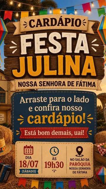 O Padre Anderson tem um convite especial para fazer! 

Participe da nossa Festa Julina 🎉 🔥🌵✨

📅 18/07/2026
🕢 Às 19h30
📍Salão paroquial - paróquia nossa Senhora de Fátima - Jaú/SP
