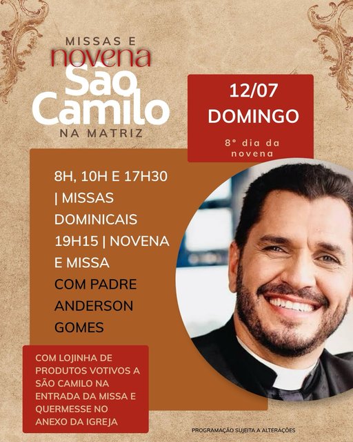 🌹 Com fé e coração aberto, convidamos você e sua família para a Novena de São Camilo, neste domingo às 19h15, presidida pelo Padre Anderson Gomes.
🙏 Um momento de oração e entrega, para fortalecer nossa devoção e uni…