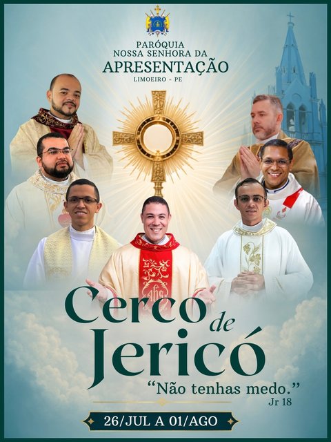O Senhor nos chama para um tempo de oração, fé e confiança!
De 26 de julho a 1º de agosto, nossa Paróquia viverá o Cerco de Jericó, uma semana de intensa oração diante de Jesus Eucarístico, clamando pela derrubada da…