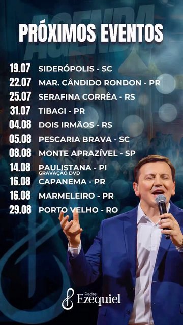 Confira os nossos próximos eventos 🤩🤩
Me diga nos comentários em qual cidade vamos nos encontrar!

19.07 - SIDERÓPOLIS - SC
22.07 - MAR. CÂNDIDO RONDON - PR
25.07 - SERAFINA CORRÊA - RS
31.07 - TIBAGI - PR
04.08 - DOI…