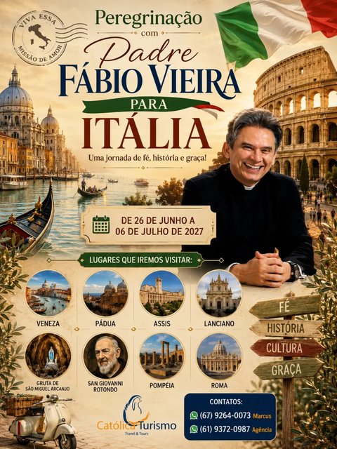 🇮🇹✨ Viva uma experiência que vai muito além de uma viagem!

De 26 de junho a 06 de julho de 2027, embarque com o Padre Fábio Vieira em uma peregrinação pelos lugares que marcaram a história da fé cristã. Visitaremos V…