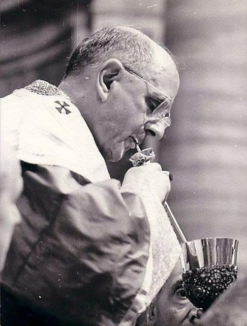 Papa Paulo VI usa a cânula (ou fístula) para comungar o Preciosíssimo Sangue de Nosso Senhor.
Esta foi a Missa de canonização dos Mártires do Uganda, na Basílica de São Pedro, a 18 de Outubro de 1964. Foi a primeira…
