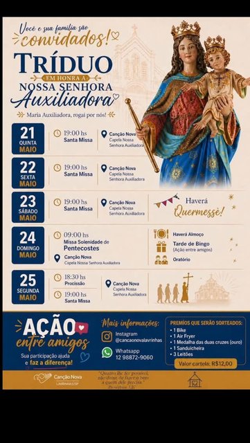 ✨ FEIJOADA EM HONRA A NOSSA SENHORA AUXILIADORA ✨🙏 

#Tríduo 21, 22 e 23/05 🙏🏻🌹 Você e sua família são nossos convidados para um momento especial de fé, amizade e muita partilha! 💙

⏰️ Santa Missa 09h00 🙏🏻
📅 Dia 24/05…
