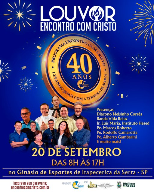 Venha celebrar conosco os 40 anos do Programa Encontro com Cristo em um dia especial de louvor, oração, pregação e muita alegria na presença de Deus. Dia 20 de setembro, das 8h às 17h no Ginásio de Esportes de Itapece…