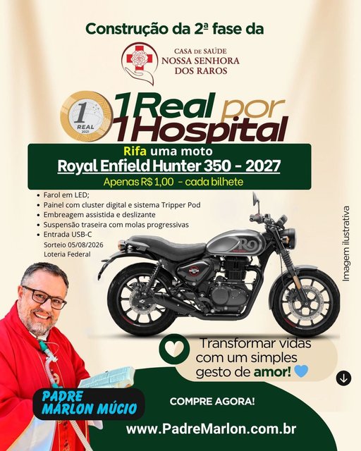 🏍️ Você pode ganhar uma Royal Enfield Hunter 350 - 2027 por apenas R$ 1,00!

E o melhor: cada bilhete ajuda na construção da 2ª fase da obra de expansão da Casa de Saúde Nossa Senhora dos Raros. ❤️

✨ Royal Enfield Hu…