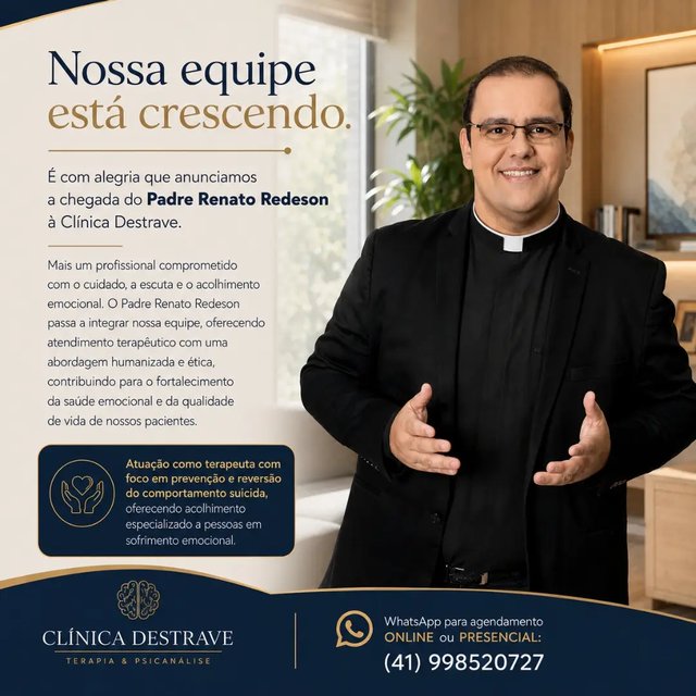 Temos uma grande novidade! 🥳🥳

É com muita alegria que anunciamos a chegada do Padre Renato à equipe da Clínica Destrave.

Sua missão é acolher pessoas com sensibilidade, ética e dedicação, oferecendo um espaço seguro…